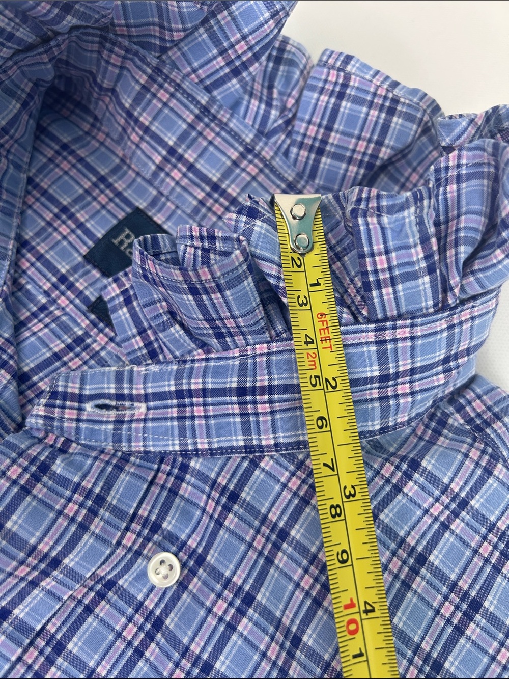 Upcycled Ralph Lauren Women’s Shirt Cropped Blue Pink Plaid with Ruffle Collar - Picture 8 of 12